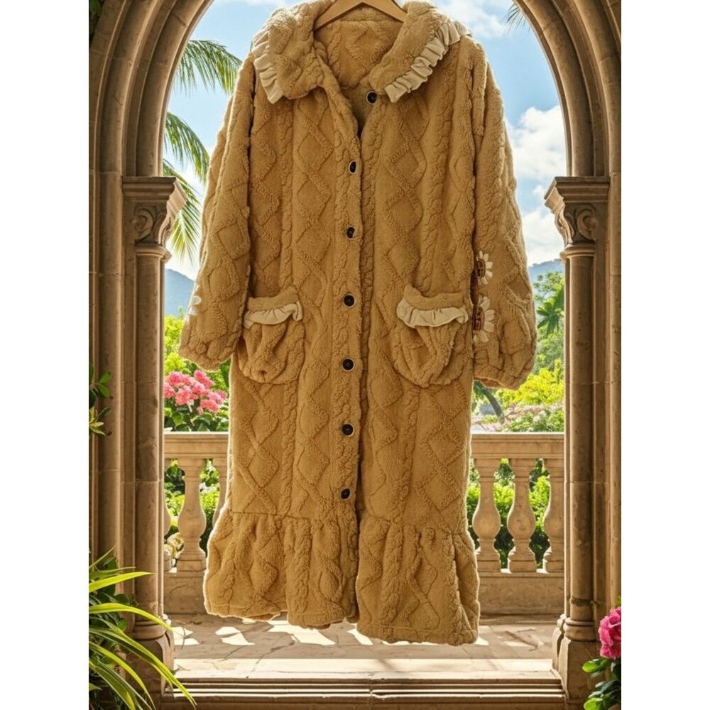 Defitshape Camel Mustard Plush Robe L | Sunflower Embroidered Cozy Lounge Coat